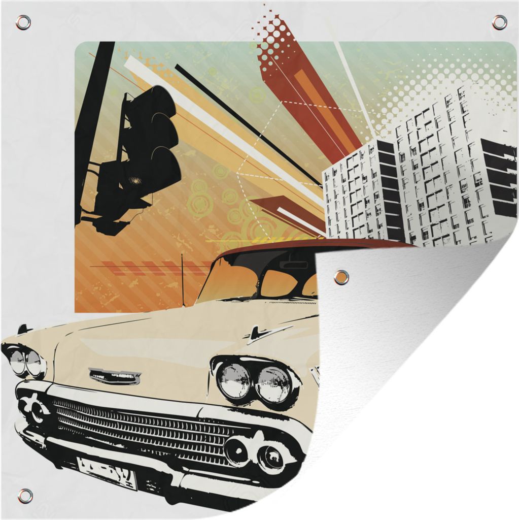 MuchoWow 100x100 cm Outdoor-Poster Gartendeko Sichtschutz Garten Poster für den Garten Illustration eines Oldtimers in einer Stadt