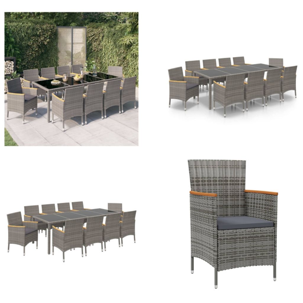 vidaXL 11 tlg. Garten Essgruppe mit Kissen Poly Rattan Schwarz & Grau - Garten Essgruppe - Garten Essgruppen - Gartenmöbel Set - Garten Möbelset