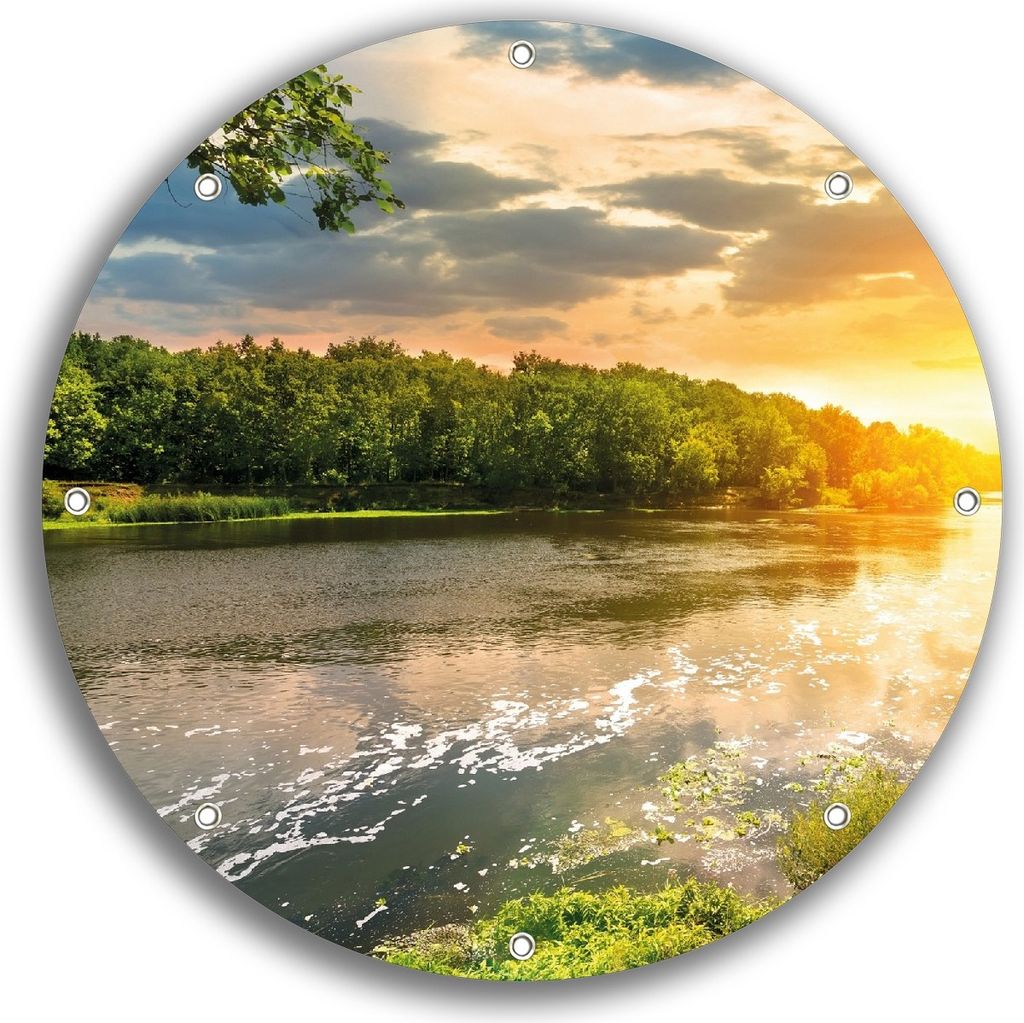 Wallario rundes Outdoor-Poster für Garten oder Balkon, Motiv Sonnenuntergang am Fluss in grüner Umgebung, 30 cm Durchmesser
