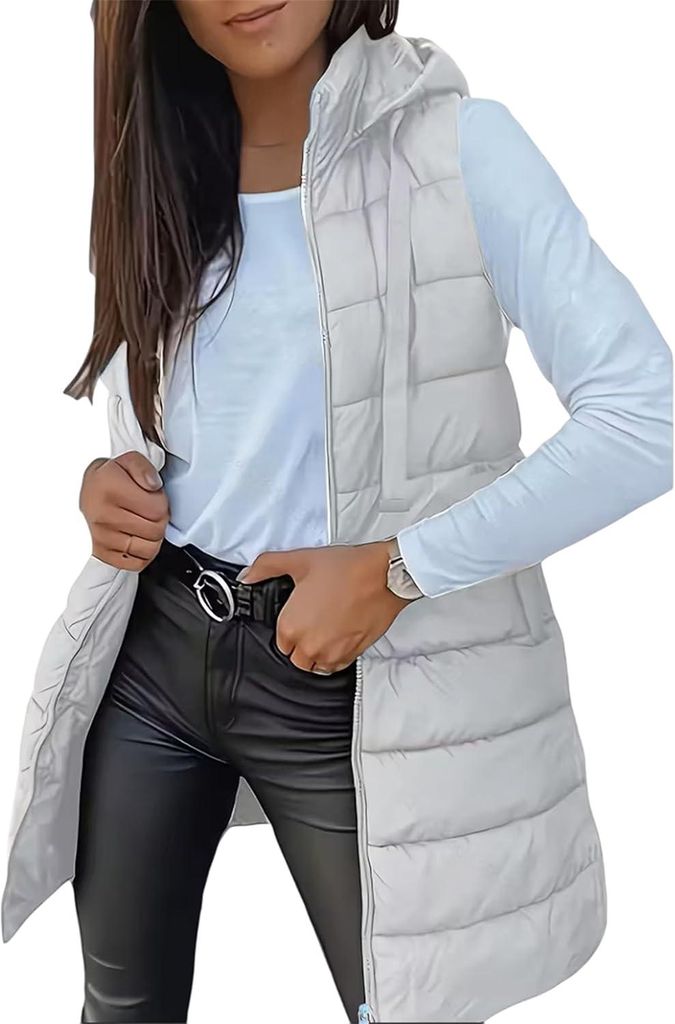 ASKSA Damen Steppweste Lang aermellose mit Kapuze Weste Warm Leichte Winterjacke Casual Steppmantel Einfarbige Winter Sportwesten (Grau,S)