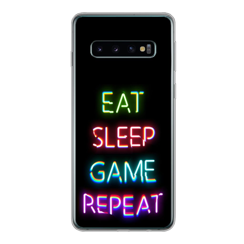 MuchoWow Handyhülle Schutzhülle Hülle für Samsung Galaxy S10 Gaming - Led - Zitat - Eat sleep game repeat - Gaming Silikon Softcase Handy Hü...