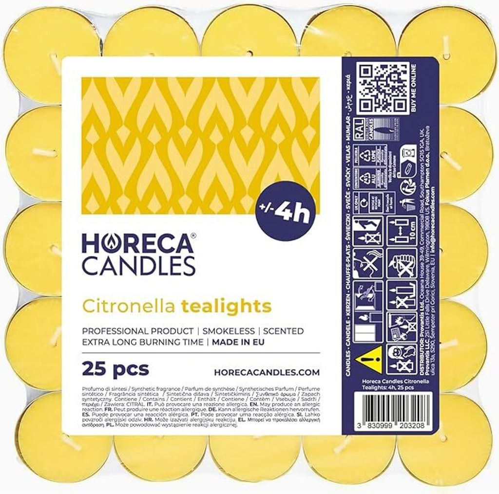 HORECA CANDLES Citronella Teelichter 25 Stück – Gelb – 4h Brenndauer – Outdoor Duftkerzen gegen Mücken