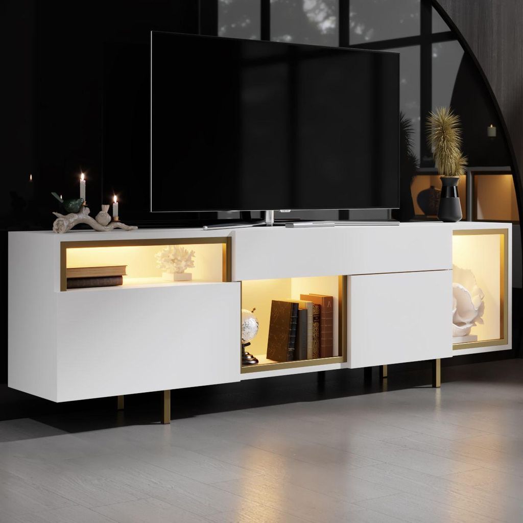 Skye Decor, Hochwertiger TV-Ständer, 180 cm, Weiß & Gold | 100% melaminbeschichtete Spanplatte, 18 mm dick | Metallbeine, Wandmontage, LED-Beleuc...