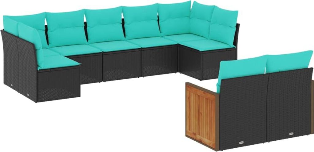 9-teiliges Gartensofa-Set mit Kissen, schwarzes Polyrattan