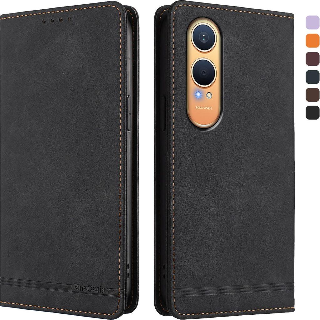 Hülle für OnePlus Nord CE4 Lite, Retro Kunstleder Ständer Klapphülle mit Kartenfächer und Magnetische Schwarz