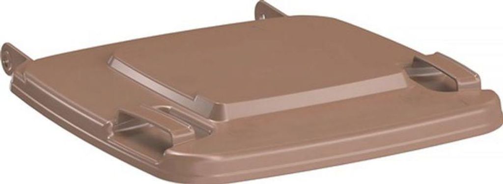 A brown lid for a large waste bin.