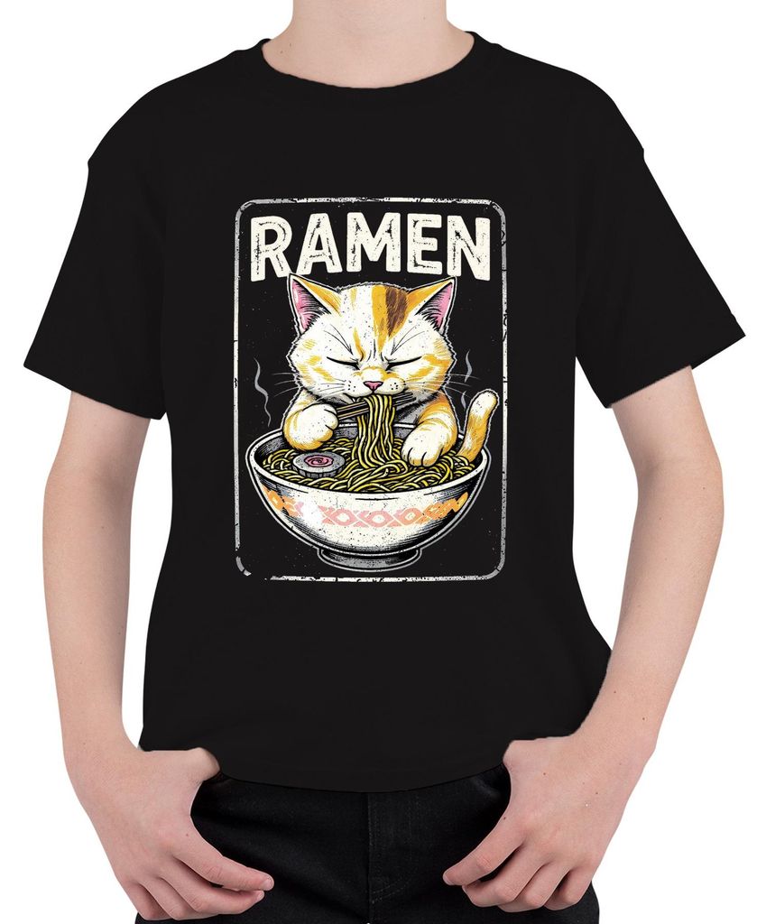 RAMEN Katze Nudel Japanisch Kawaii Lustig Essen Geschenk Retro Uni Kinder T-Shirt, Schwarz, 152