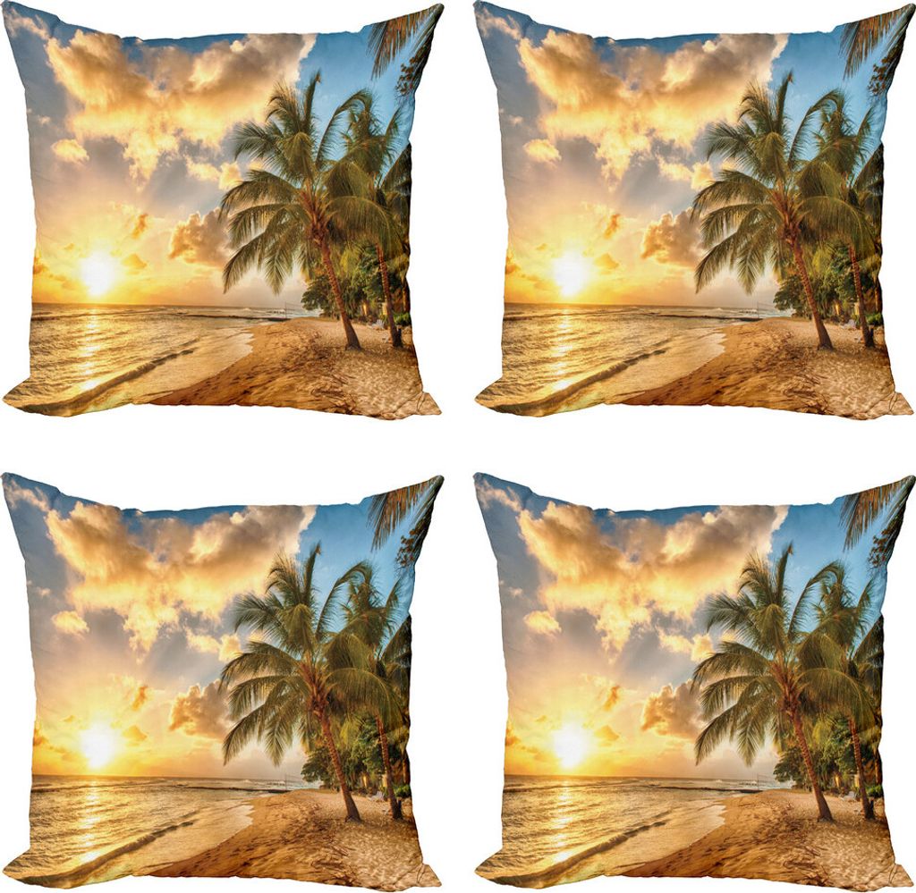 ABAKUHAUS Strand Kissenbezug Set (4 Stück), Exotische Sandy Beach, Moderner Doppelseitiger Digitaldruck, 50 cm x 50 cm, Creme Blau