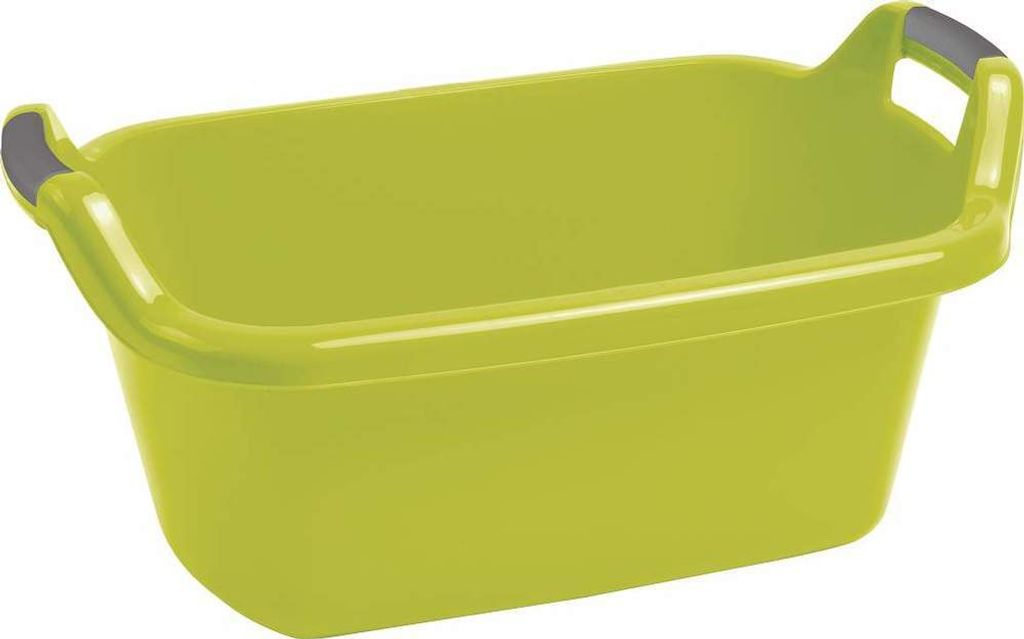A lime green plastic basin with gray handles on a white background.