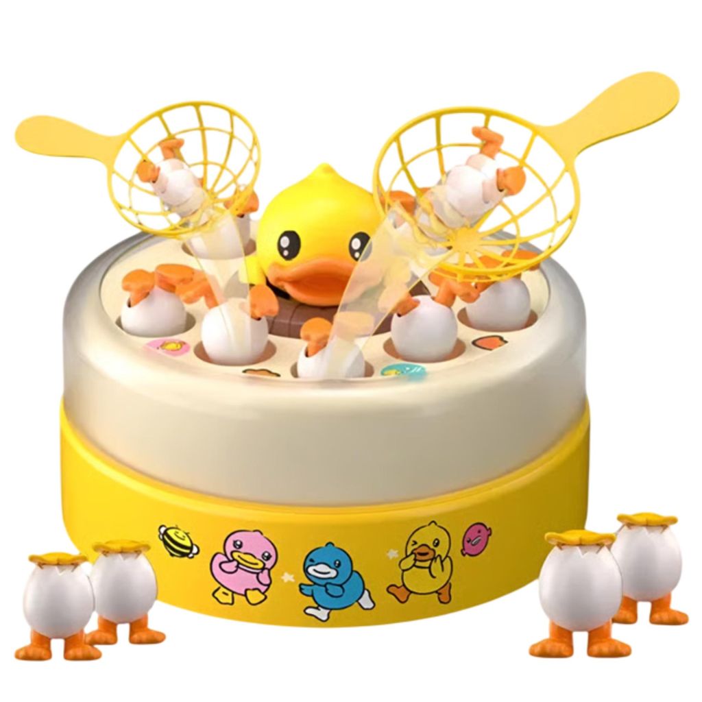 A yellow and white interactive duck catching game for children, with small duck figures around the base.