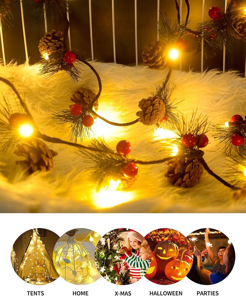 WeRChristmas Weihnachtsgirlande 2,7 M | Mit 40 Warmweißen LEDs | Rot/gold | Mit Beeren, Blättern & Glitzer | Für Geländer & Dekoration