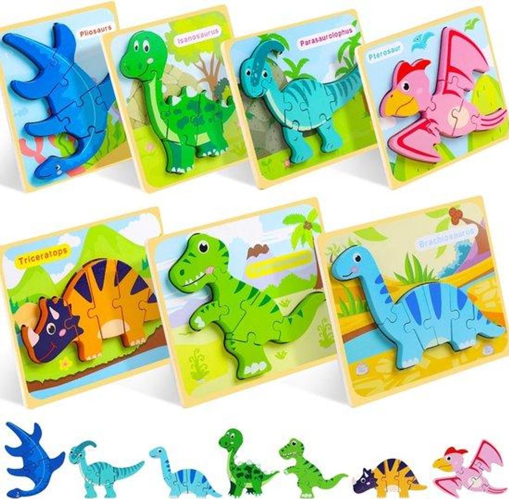 Holz-Puzzels für Kinder von 2-4 Jahren, 7-teilige Dinosaurier-Puzzle für 2-Jährige, Puzzels für Kinder von 3-5 Jahren, kinderfreundliches Spiel...
