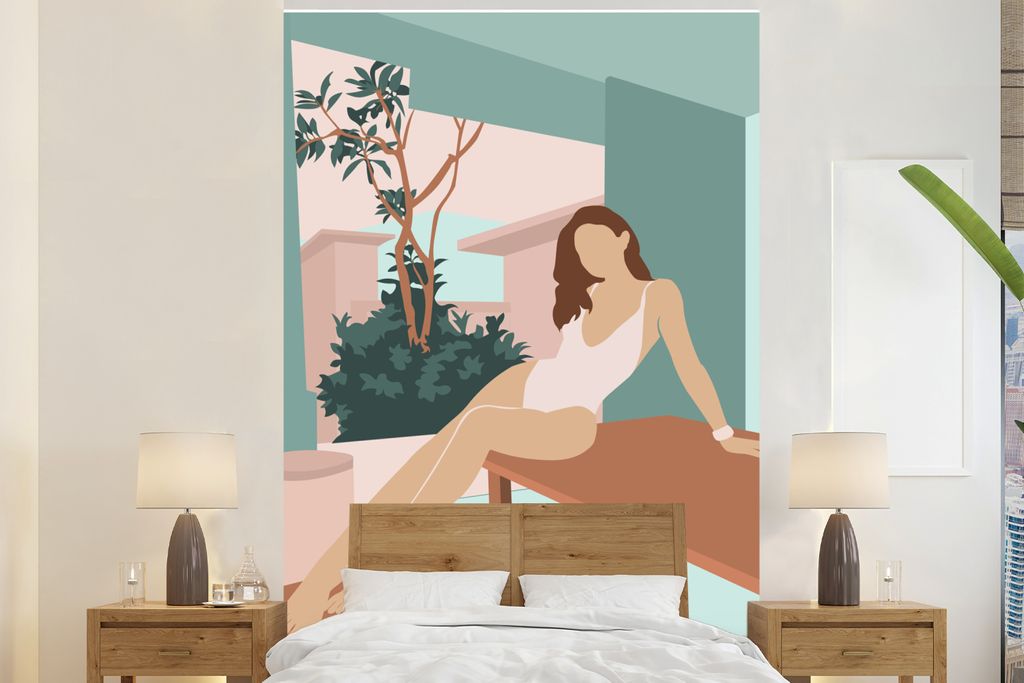 MuchoWow Fototapete für Wohnzimmer oder Schlafzimmer Wandtapete Vinyl Motivtapete Frau - Badeanzug - Sommer - 170x260 cm - Wohnzimmertapete