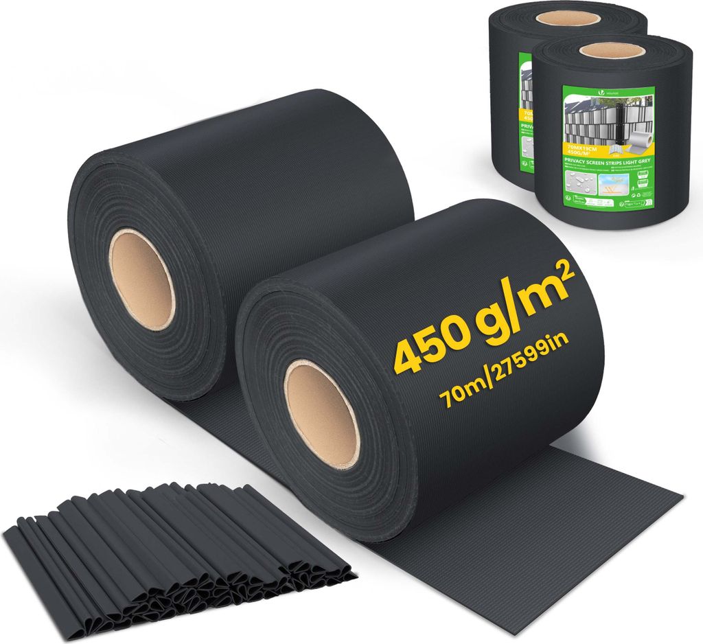 VOUNOT PVC Sichtschutzstreifen für Doppelstabmatten 140m x 19cm, 80 Befestigungsclips, Schwarz