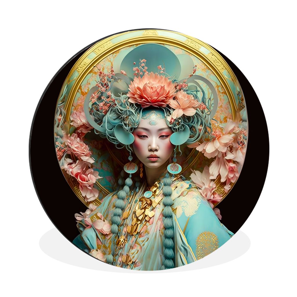 MuchoWow Aluminium Wandkreis Frau - Blumen - Rosa - Porträt - Asiatisch Ø 60 cm Wanddeko Modern Wohnzimmer - Wand Kreis - Wandbild - Schlafzimm...