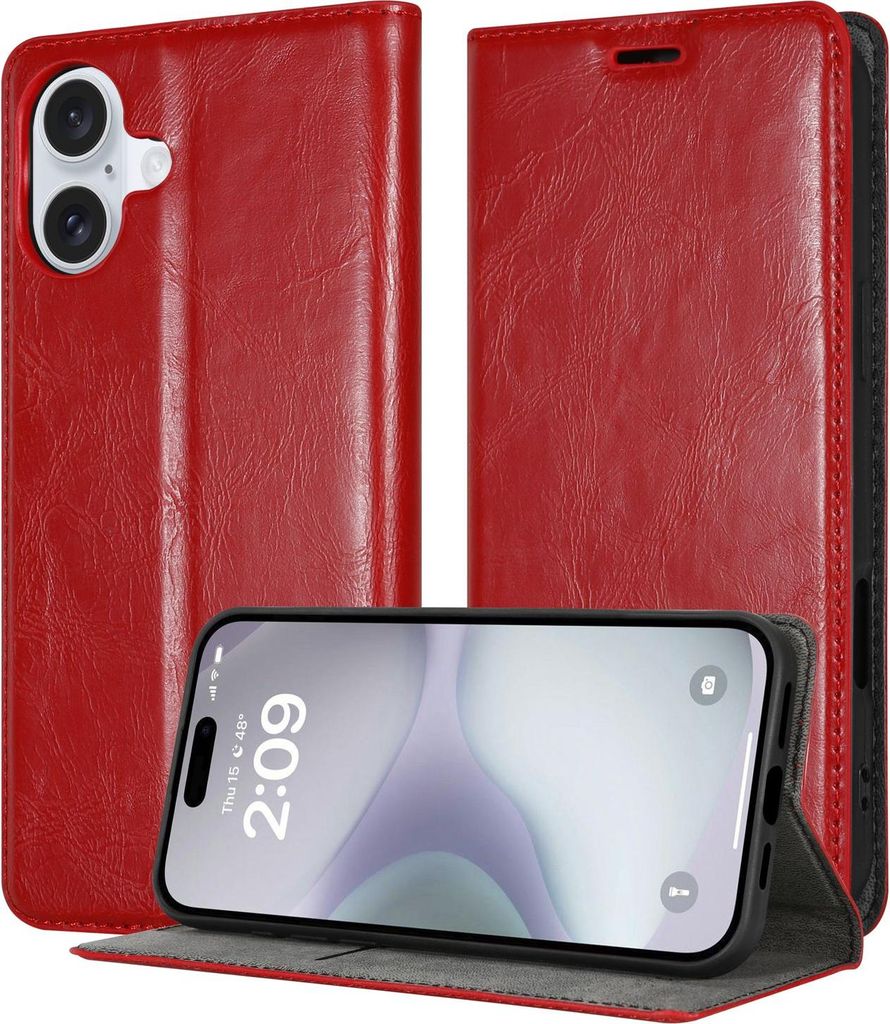Cadorabo Hülle für Apple iPhone 16 PLUS in APFEL ROT Schutzhülle mit Magnetverschluss, Standfunktion und Kartenfach Flip Case Cover Etui Handy K...