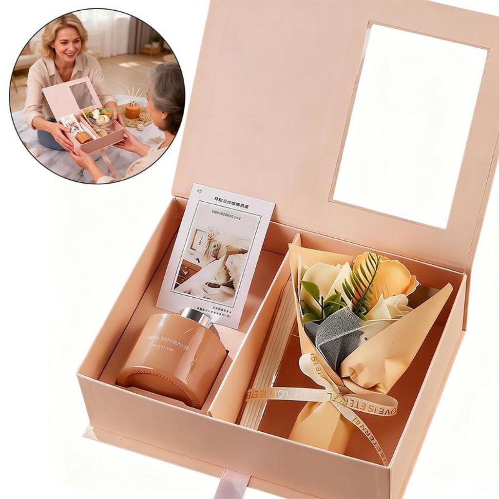 Duftkerzen Geschenkset mit künstlichen Blumen & Duftdiffusor 120ml, Muttertagsgeschenk, Geschenkbox mit Tragetasche & LED Lichterkette