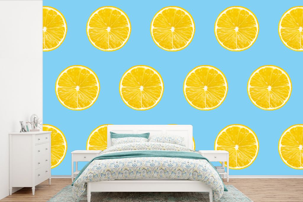 MuchoWow Fototapete für Wohnzimmer oder Schlafzimmer Wandtapete Vinyl Motivtapete Zitrone - Farben - Muster - 390x260 cm - Papiertapete