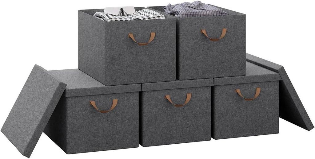 WOLTU 5er Set Aufbewahrungsbox mit Deckel & Griffen, faltbar Grau, 48x30x36 cm