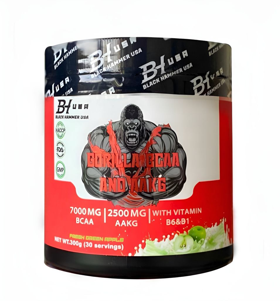 GORILLA BCAA + AAKG 300g Grüner Apfel – EAA & Arginin Pulver für Muskelaufbau & Kraft | Black Hammer USA