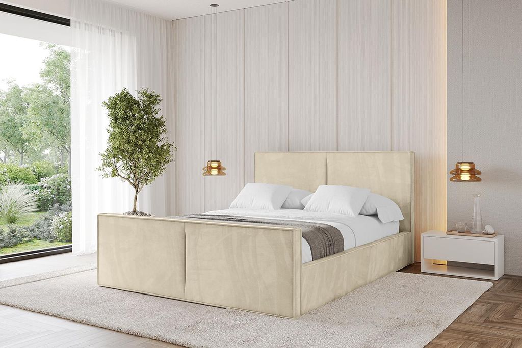 ALTDECOR Polsterbett mit Bettkasten - EMMI-Z - 140x200 Beige - Bett mit Matratze H3/H4, Kopfteil und Fußteil, Boxbett, Doppelbett mit Stauraum