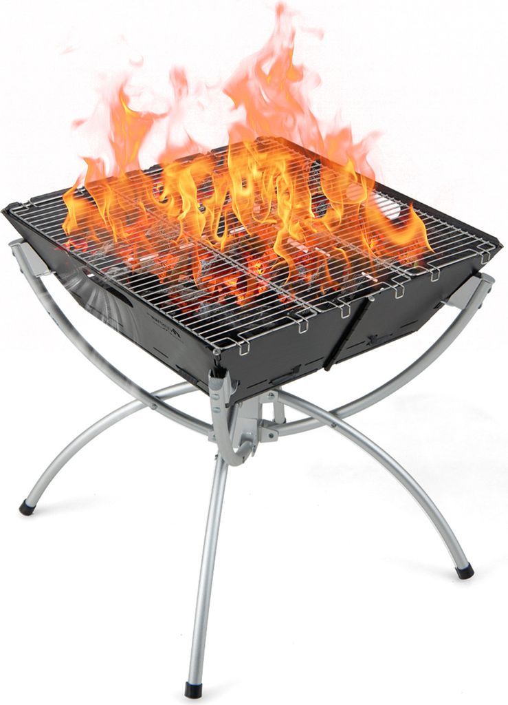 A portable charcoal grill with flames on a white background.