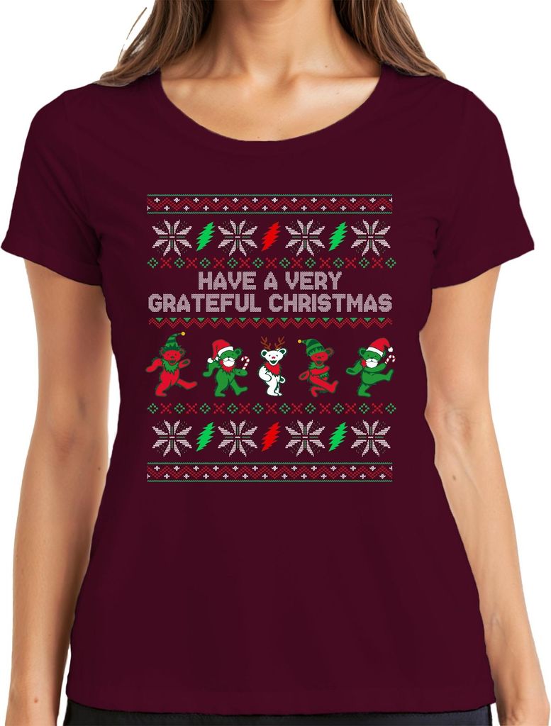 Grateful Dead Grateful Christmas tanzende Bären Weihnachten Retro Damen T-Shirt, Burgundy, XXL