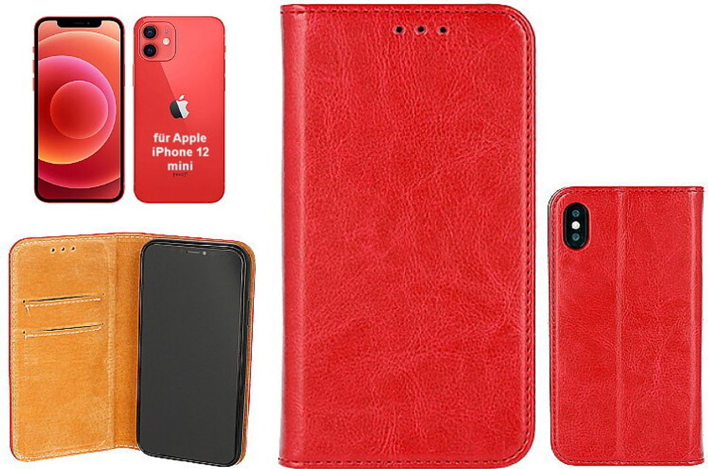 OLLI BookCase - für Apple iPhone 12 mini – REAL LEATHER red, aus handgefertigtem, rotem Echtleder