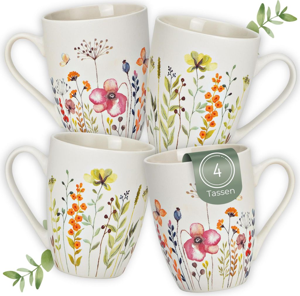 Kaffeetassen Blumen Dekor, 4er Set Kaffeetasse Weiß