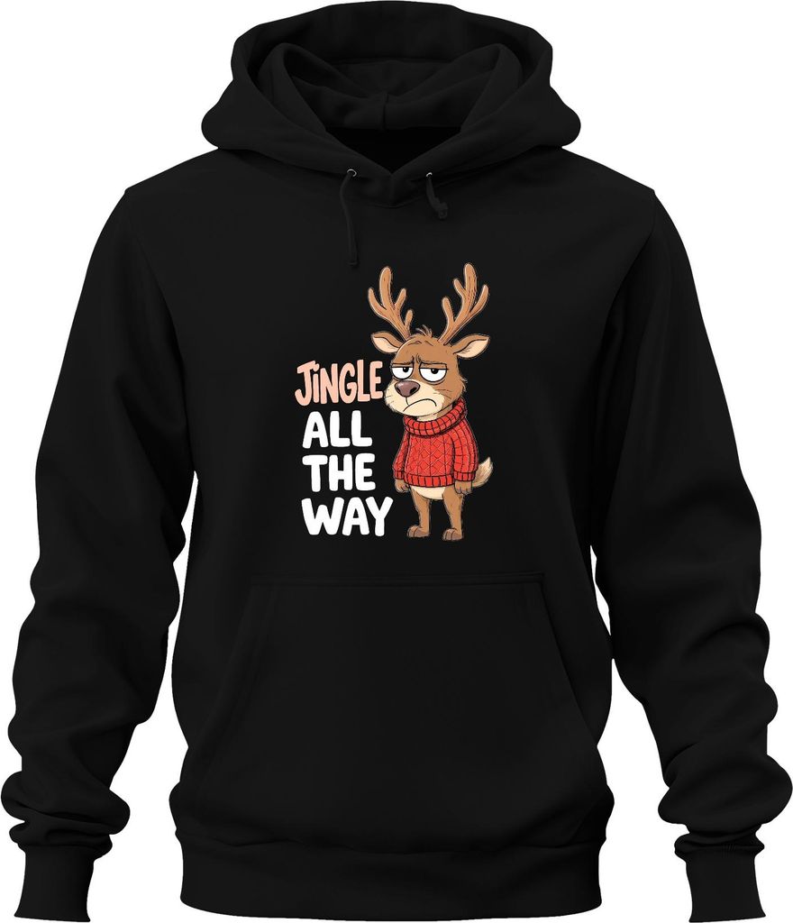 Jingle All The Way mürrisches Rentier Weihnachten Cartoon lustig Uni Hoodie Kapuzenpullover, Schwarz, M