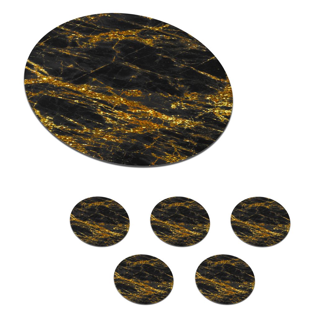KitchenYeah Glasuntersetzer Rund 6er Set Marmor - Schwarz - Gold - Glitter 10x10 cm Untersetzer für Gläser - Getränkeuntersetzer - Tischplatte...
