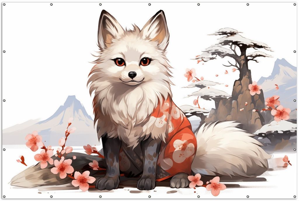 Wallario XXL Outdoor-Poster für Garten oder Balkon, Motiv Fuchs mit Kirschblüten, in ca. 300 x 200 cm