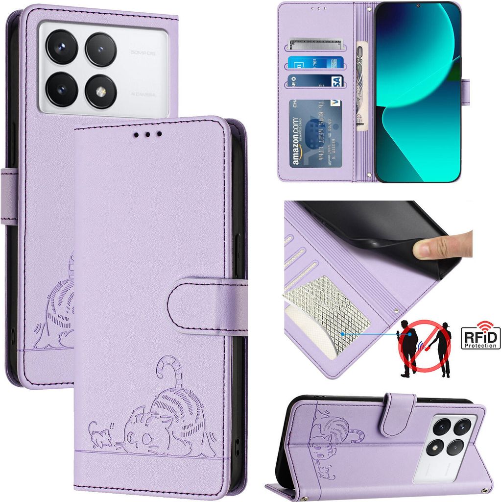 Leder Hülle für Xiaomi Redmi K70 / K70 Pro Süße Katze Flip Case Brieftasche Schutzhülle mit Standfunktion Lila