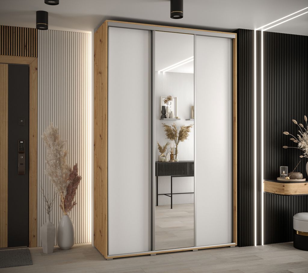 Kleiderschrank YVONA 3 – 150/45 cm, Eiche handwerklich / Weiß / Silber