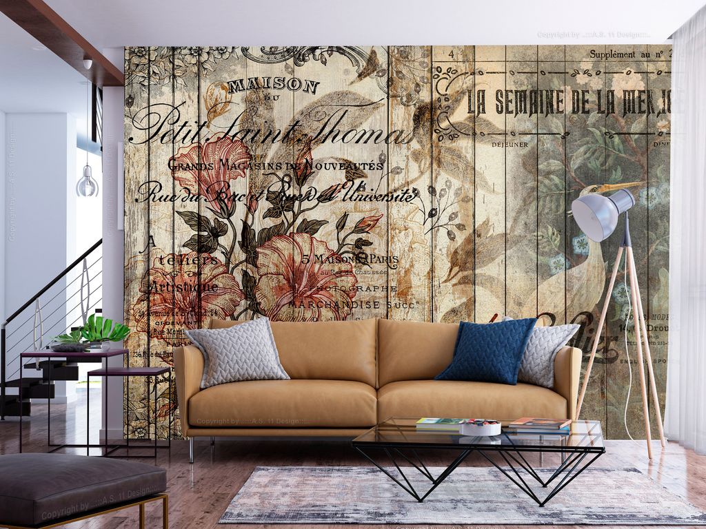 Vlies Fototapete Vintage 350x256 cm Tapeten Wandtapete XXL Holzoptik Retro Blumen Monstera Vogel n-A-1151-a-a