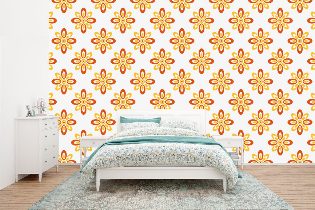 MuchoWow Fototapete für Wohnzimmer oder Schlafzimmer Wandtapete Vinyl Motivtapete Muster - 70er Jahre - Blumen - Orange - 435x260 cm - Kinderzimmer