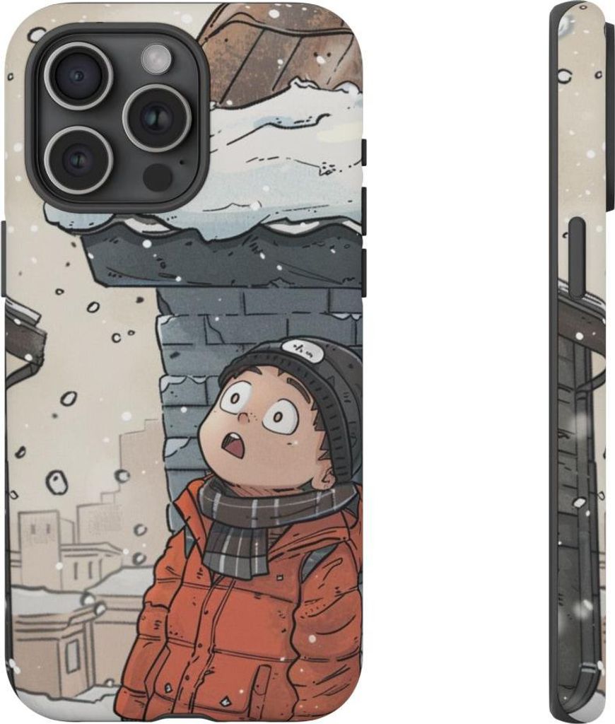 Winterlicher Chibi-Mann blickt zum verschneiten Dach – Produktbild 