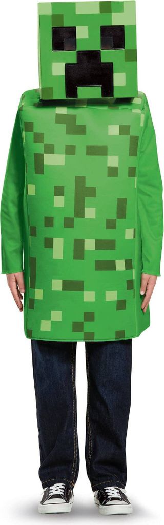 A child wearing a Minecraft Creeper costume.
