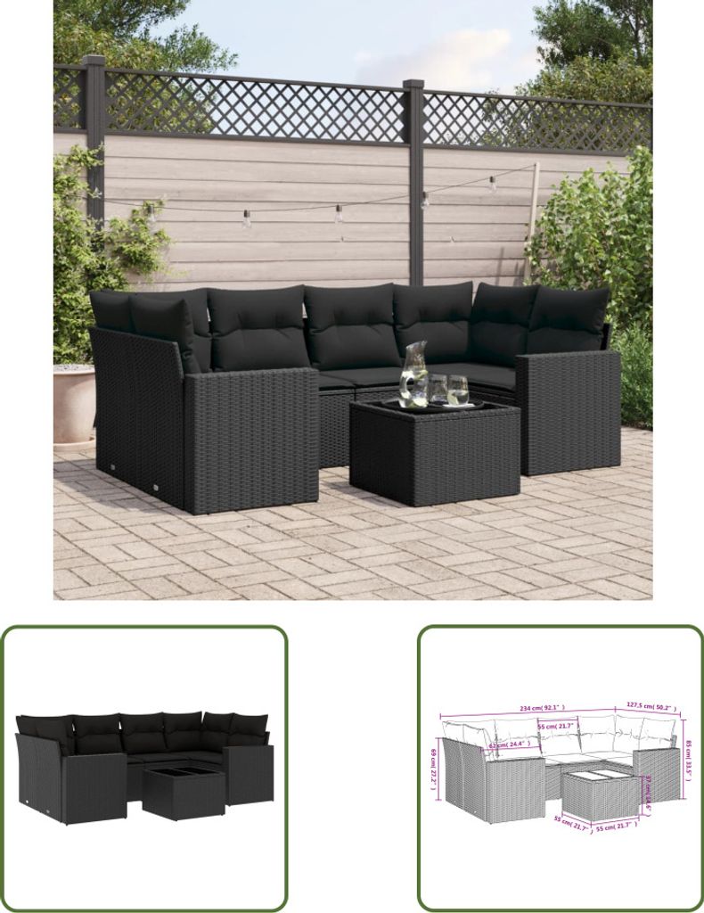 The Living Store 7-tlg. Garten-Sofagarnitur mit Kissen Schwarz Poly Rattan