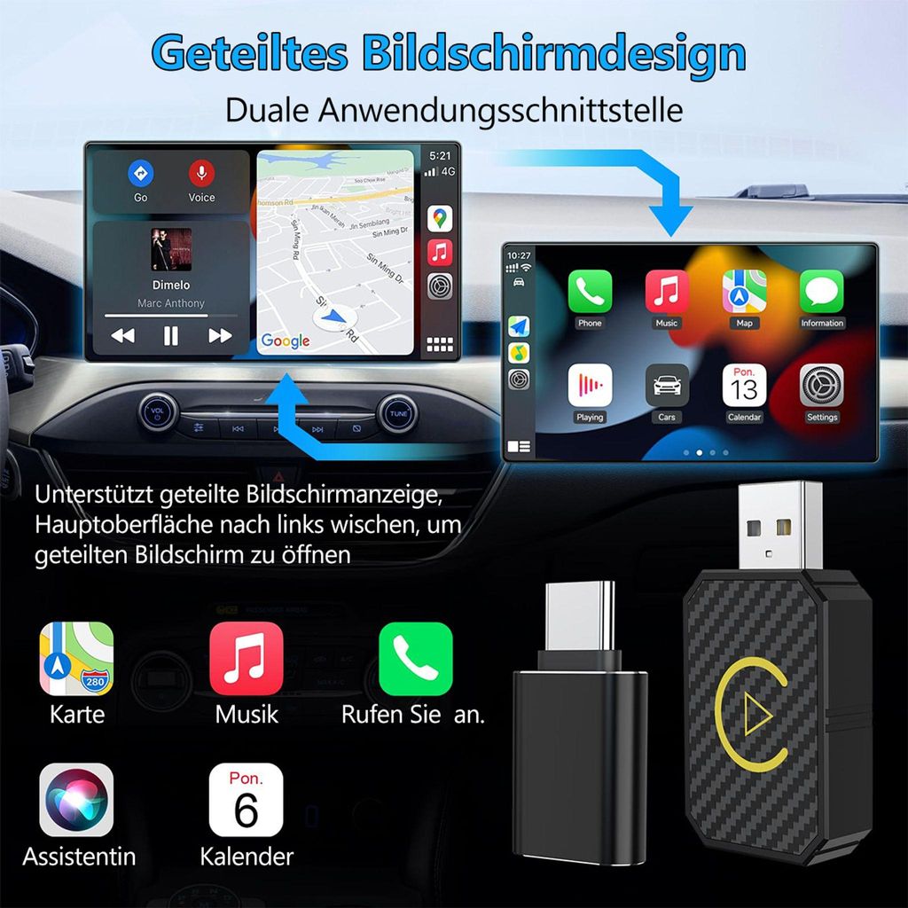 Adattatore Wireless 2-in-1 Per CarPlay E Android Auto – USB/Type-C, Plug And Play, Connessione Automatica E Stabile, In Alluminio