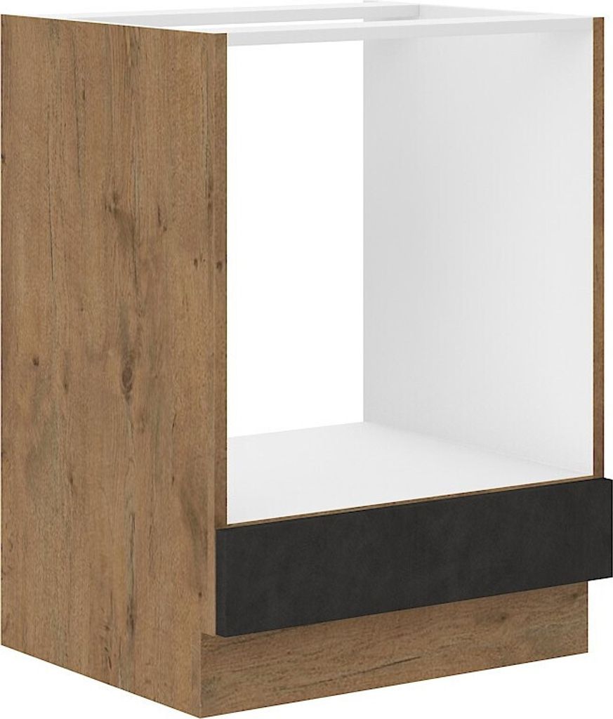 A kitchen cabinet base unit with a wood-effect finish and a black drawer front.