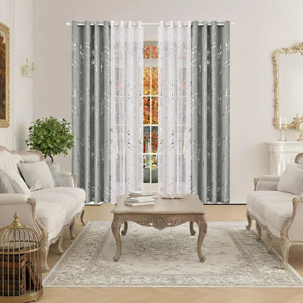 Paire de Rideaux Occultants Gris et Blanc Design Marbre pour la Chambre