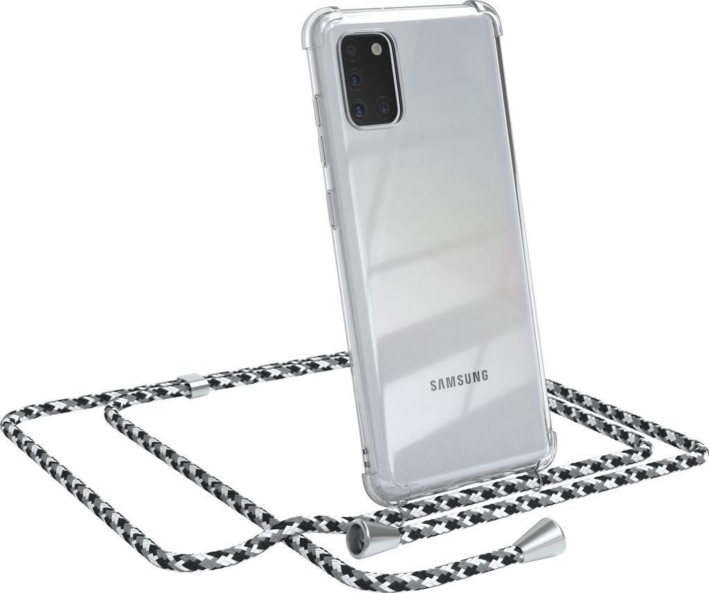 EAZY CASE Handykette kompatibel mit Samsung Galaxy A31, Handyhülle mit Umhängeband, Handykordel, Schutzhülle Clear, Band in Schwarz