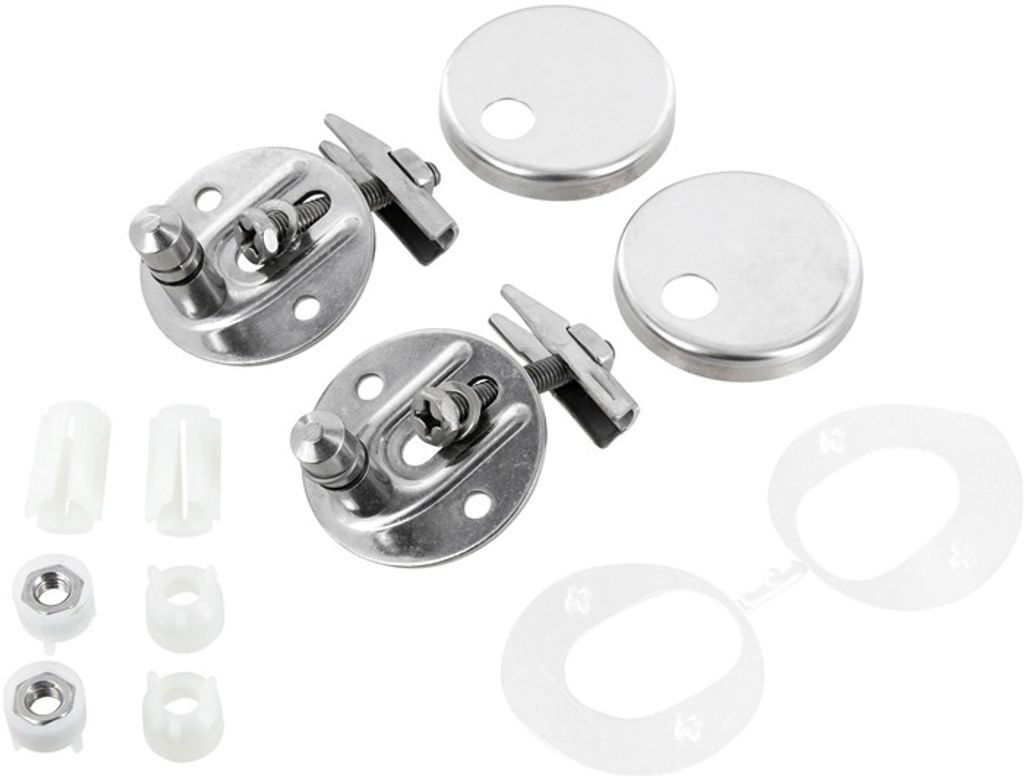 A set of toilet seat hinges and related hardware, including screws, nuts, and caps, laid out on a white background.