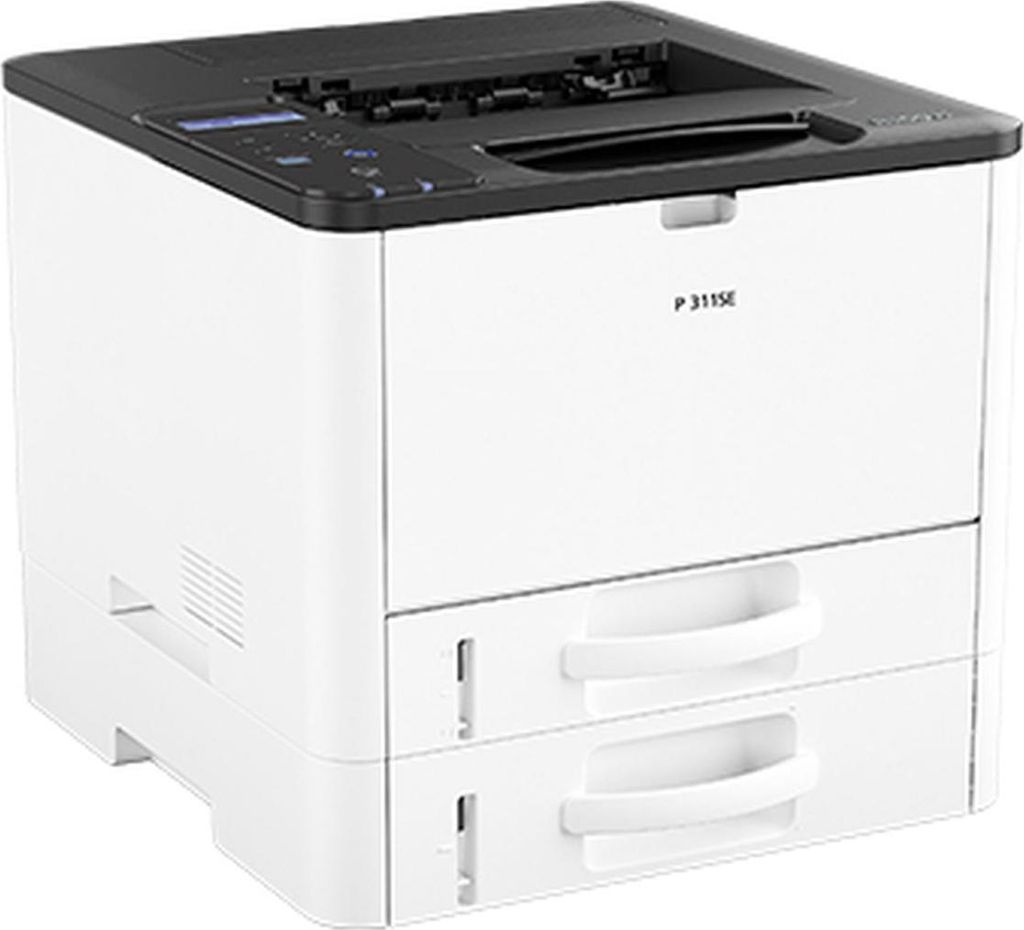 A studio shot of a white and black Ricoh P 311SE laser printer with two paper drawers.