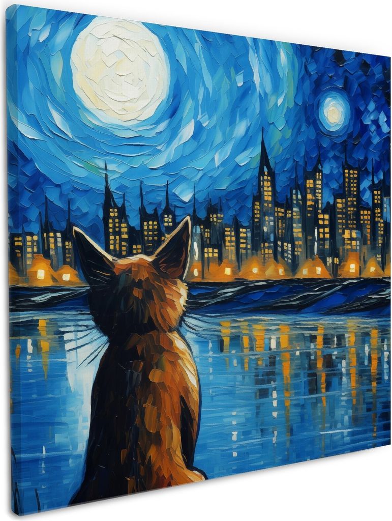 Wallario Premium Leinwandbild Katze im Mondschein in Größe 50 x 50 cm