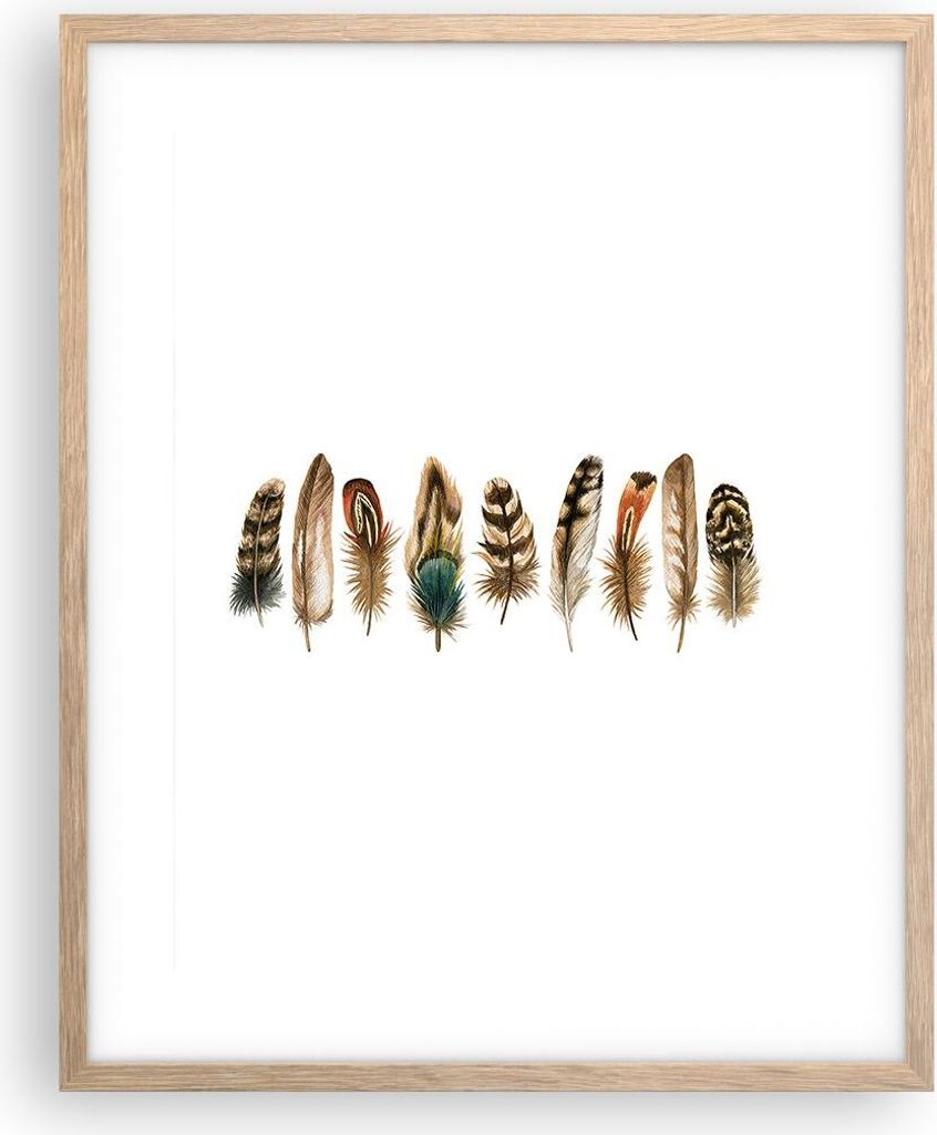 Gerahmtes Poster - Rahmen in heller Eiche - Weiß Hintergrund Federn - 40x50 cm - Wand Bild - Wanddeko - Wandbilder - Kunstposter - Wandposter - Bi...