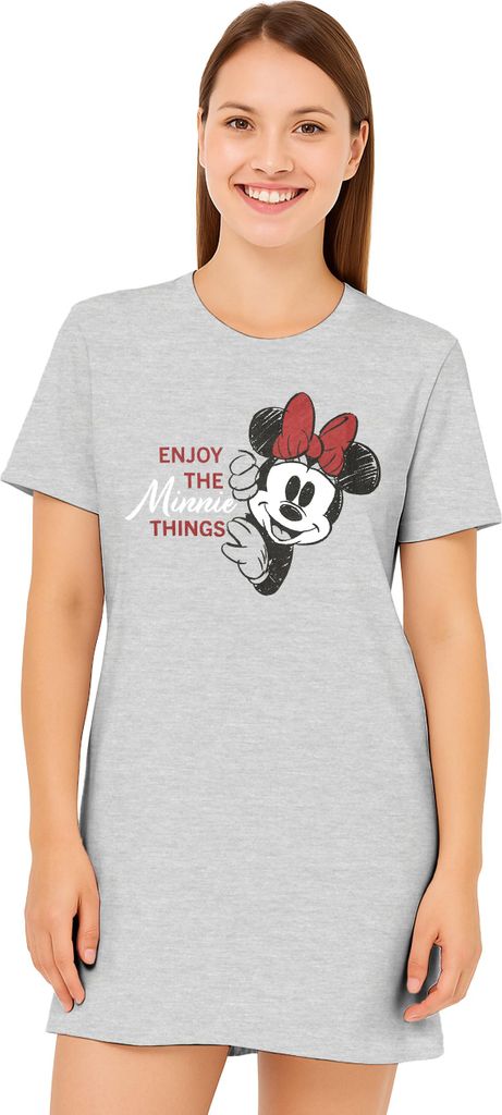 Disney Minnie Mouse Nachthemd für Damen - Enjoy the Minnie things Schlafshirt Pyjama Kurzarm Oberteil Grau M