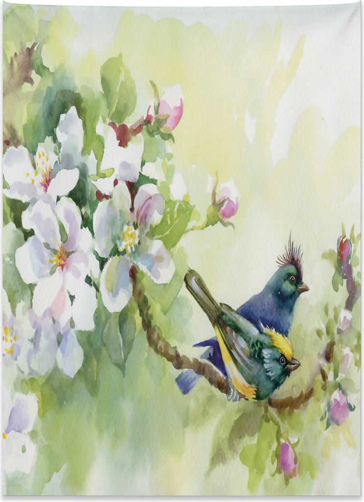 Abakuhaus Blumen Wandteppich, Aquarell Vögel Frühling aus Weiches Mikrofaser Stoff Kein Verblassen Klare Farben Waschbar, 110 x 150 cm, Reseda Gr...