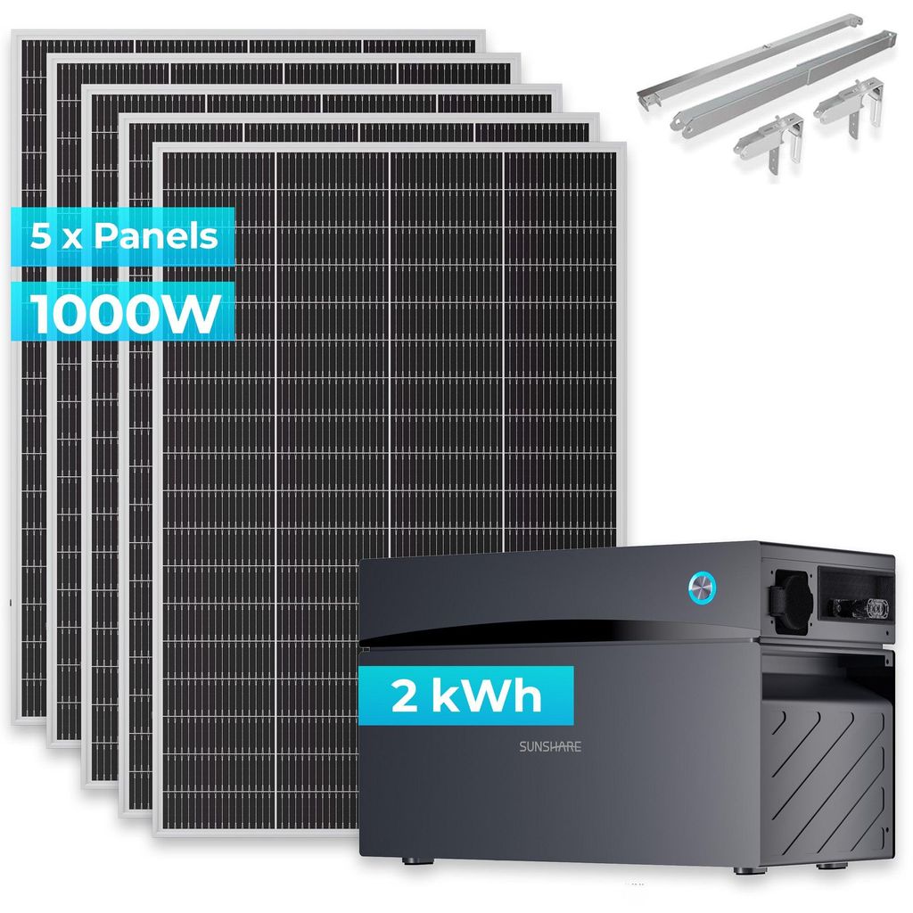 SUNSHARE Ray Lite 1000W + 2 kWh Kapazität Balkonkraftwerk-Komplettset Glory Stromspeicher & Halterung – Modular erweiterbares Solarsystem